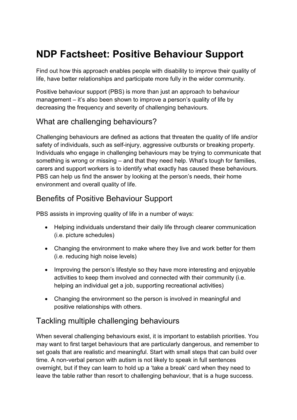 NDP Factsheet: Positive Behaviour Support