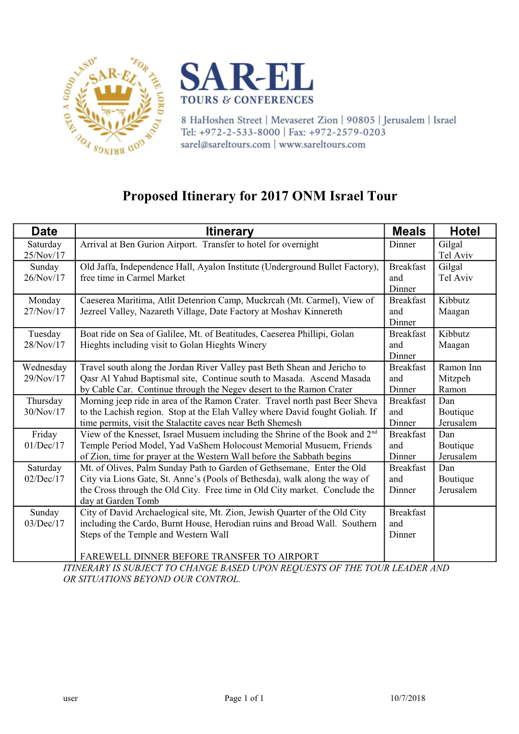 Proposed Itinerary for 2017 ONM Israeltour