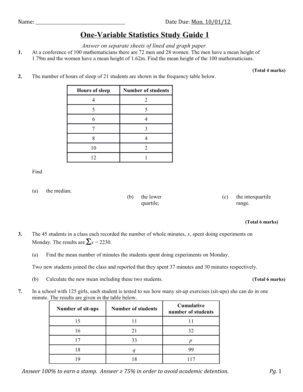 One-Variable Statistics Study Guide 1