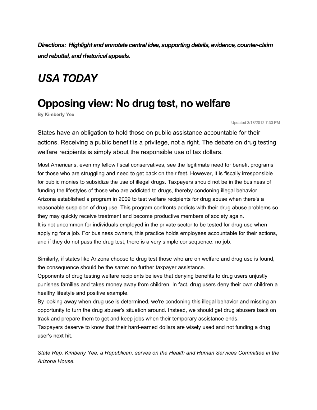 Opposing View: No Drug Test, No Welfare