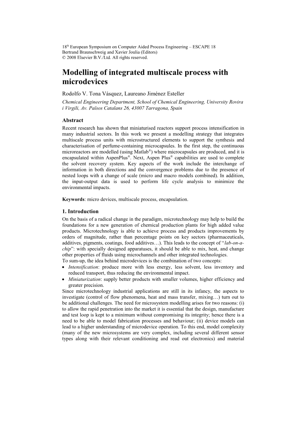 Modelling of Integrated Multiscale Process Units with Microdevices 1