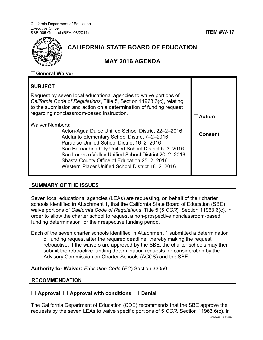 May 2016 Waiver Item W-17 - Meeting Agendas (CA State Board of Education)