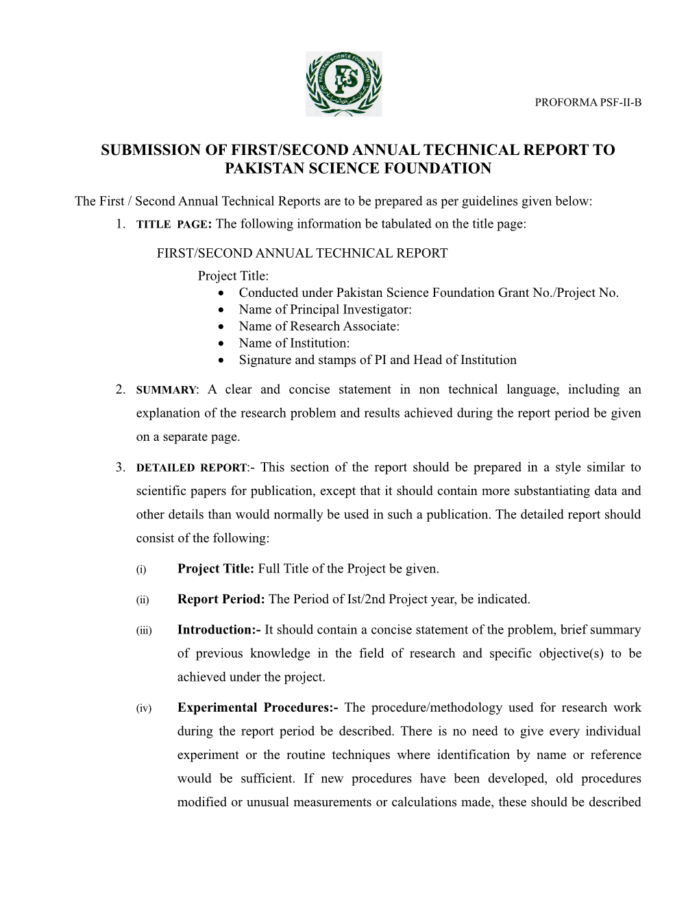 Submission of First/Second Annual Technical Report to Pakistan Science Foundation
