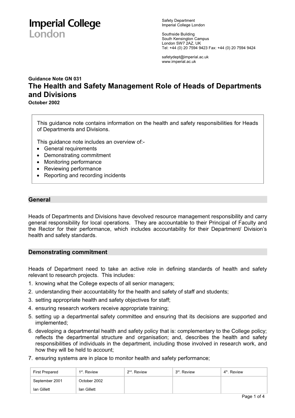 The Health and Safety Management Role of Heads of Departments and Divisions