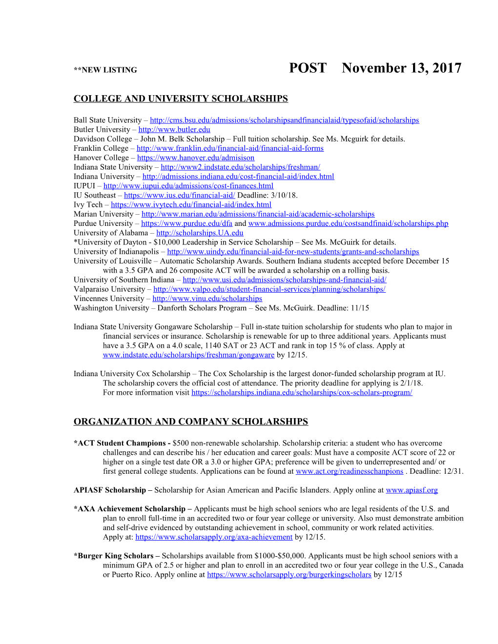 College and University Scholarships