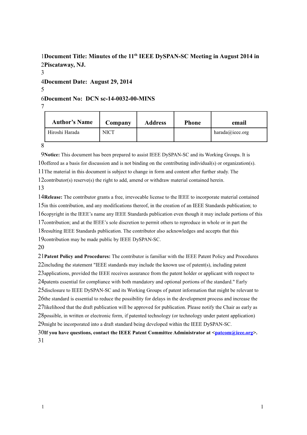 Document Title: Minutes of the 11Thieee Dyspan-Scmeeting in August 2014 in Piscataway, NJ