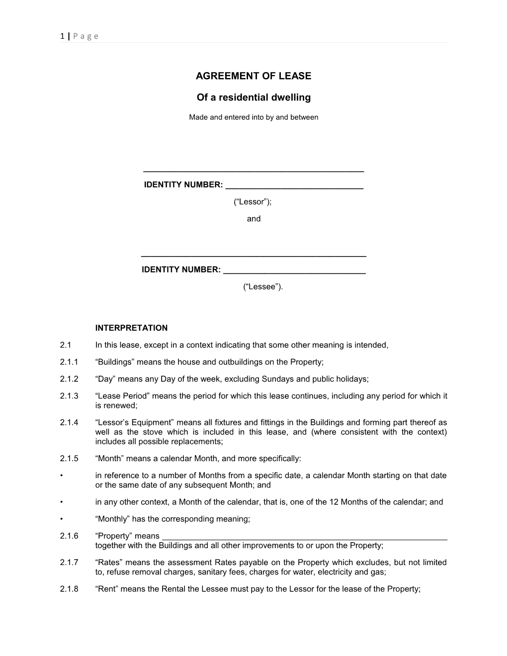 Agreement of Lease of an Unfurnished House