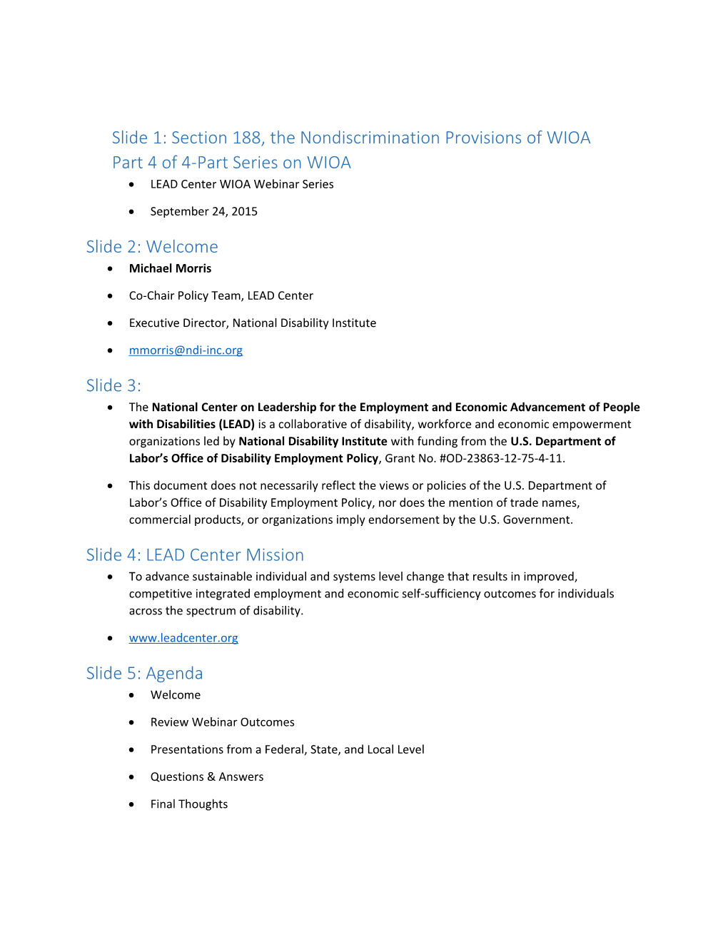 Slide 1: Section 188, the Nondiscrimination Provisions of Wioapart 4 of 4-Part Series on WIOA