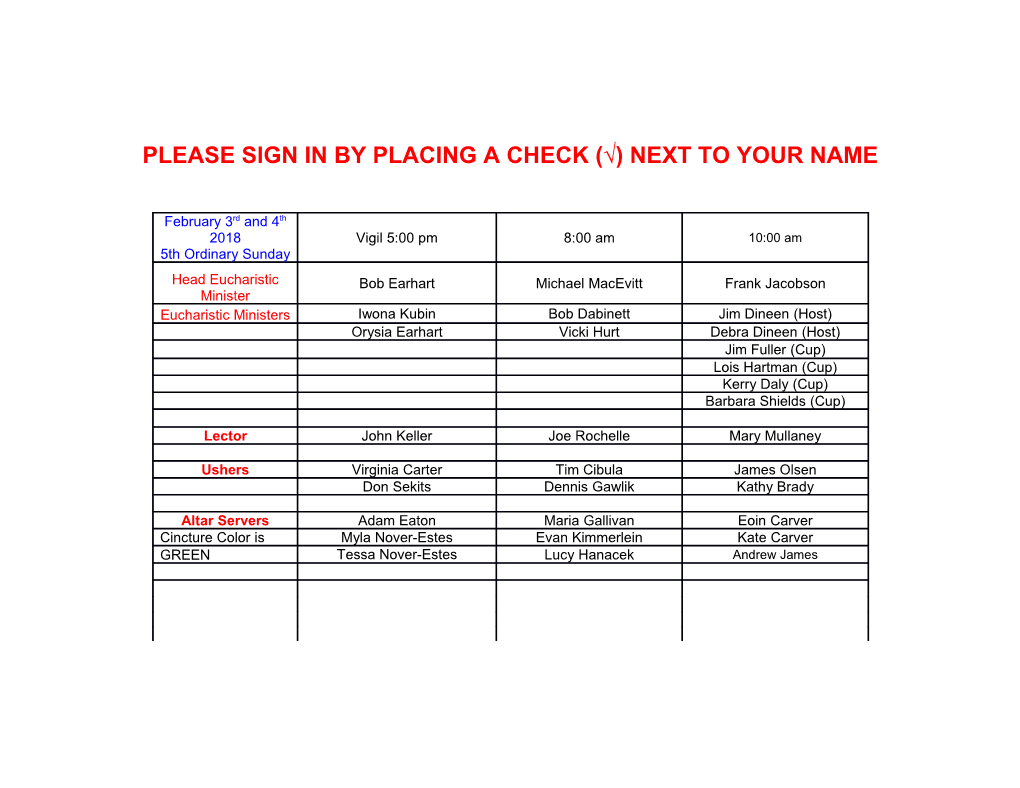 Please Sign in by Placing a Check ( ) Next to Your Name
