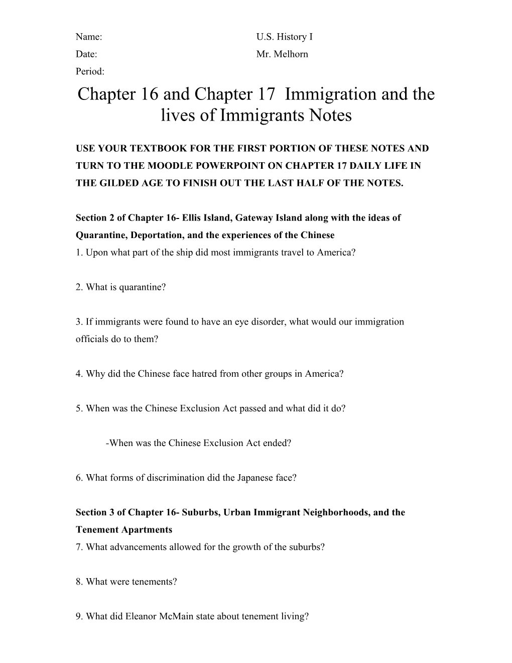 Chapter 16 and Chapter 17 Immigration and the Lives of Immigrants Notes