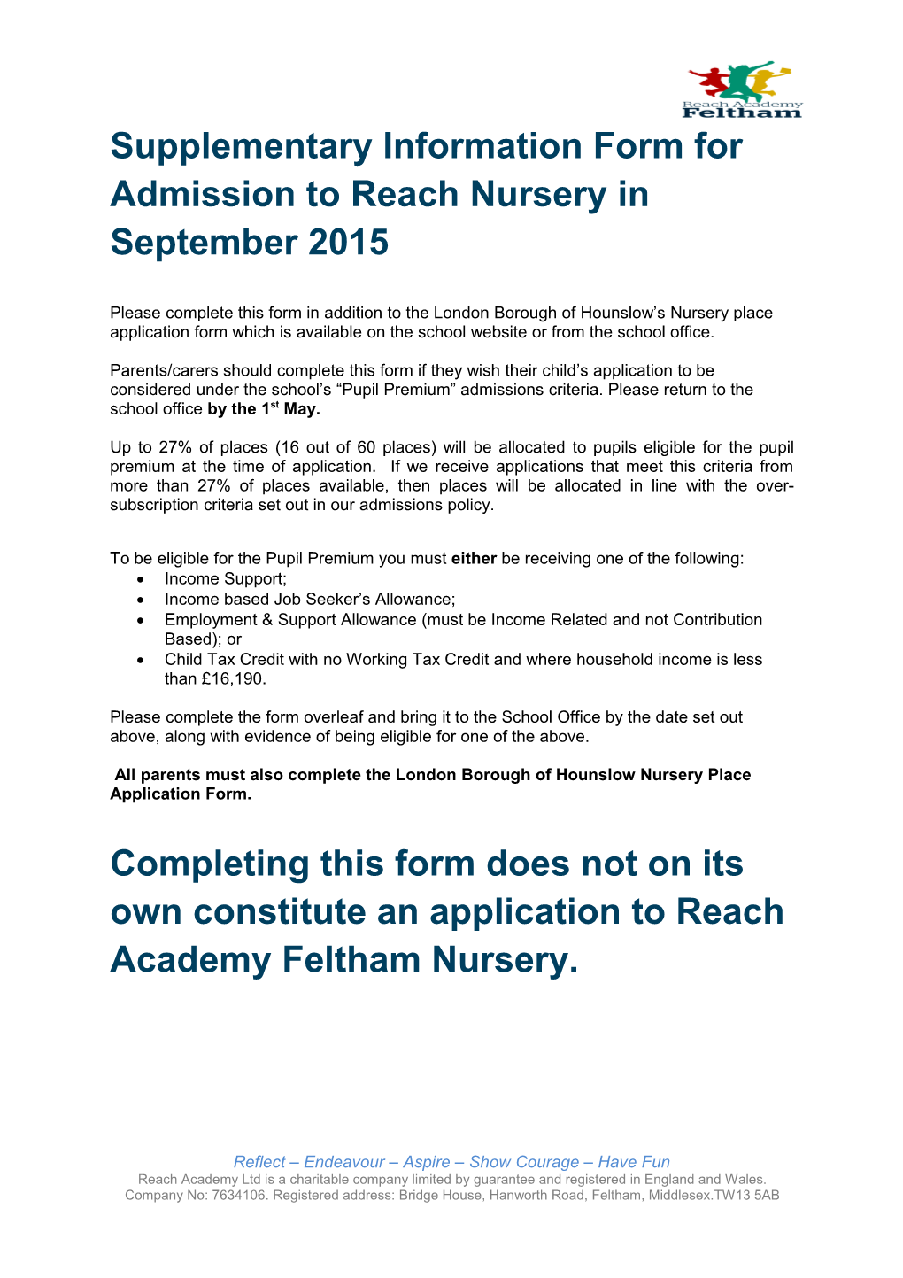 Supplementary Information Form for Admission to Reach Nursery in September 2015