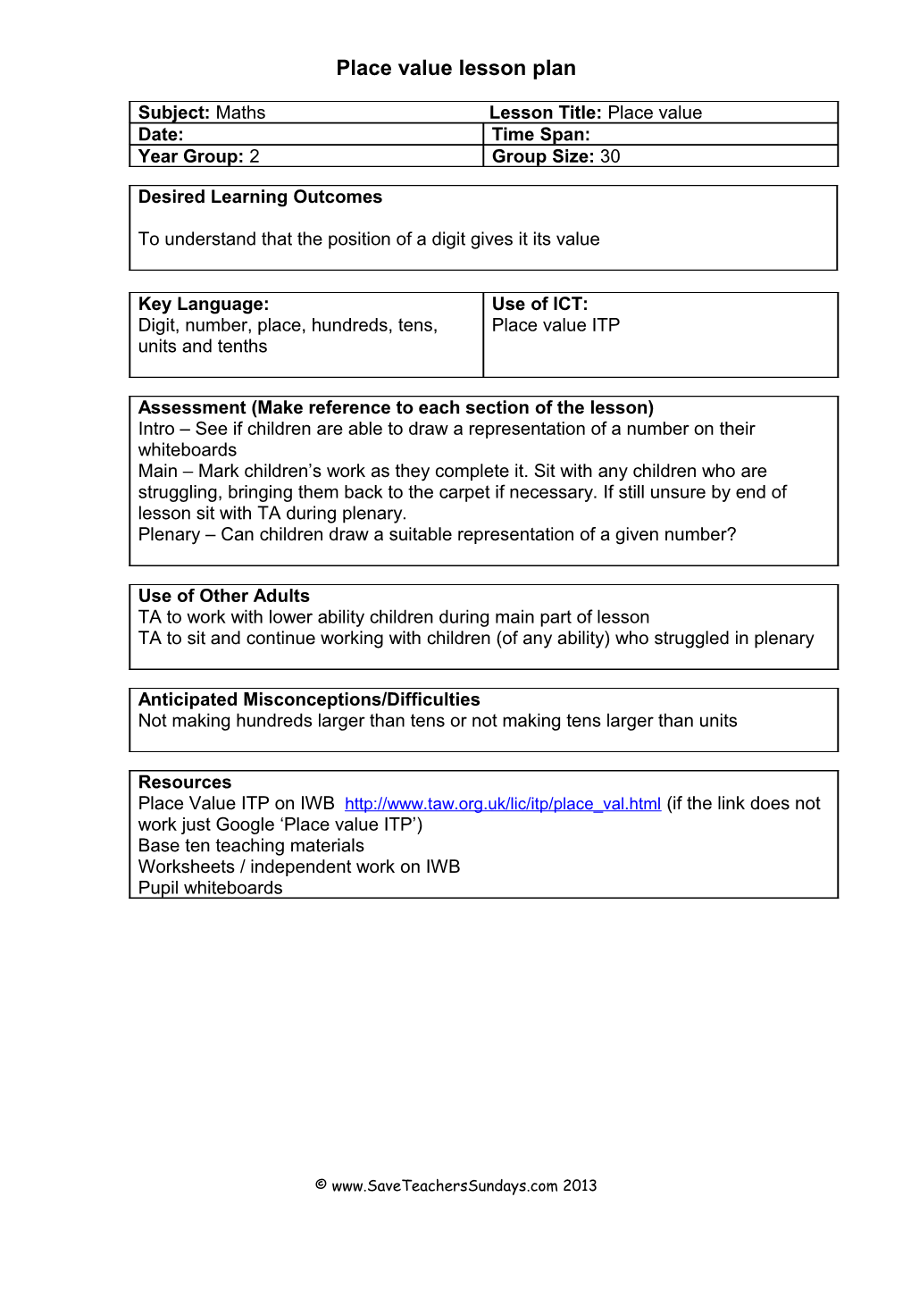 Place Value Lesson Plan