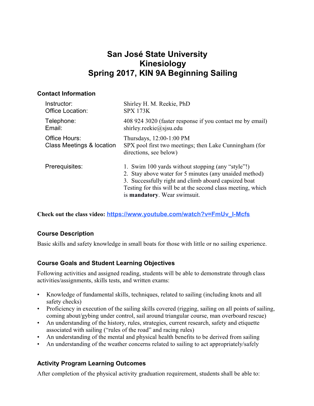 San José State Universitykinesiologyspring 2017, KIN 9A Beginning Sailing