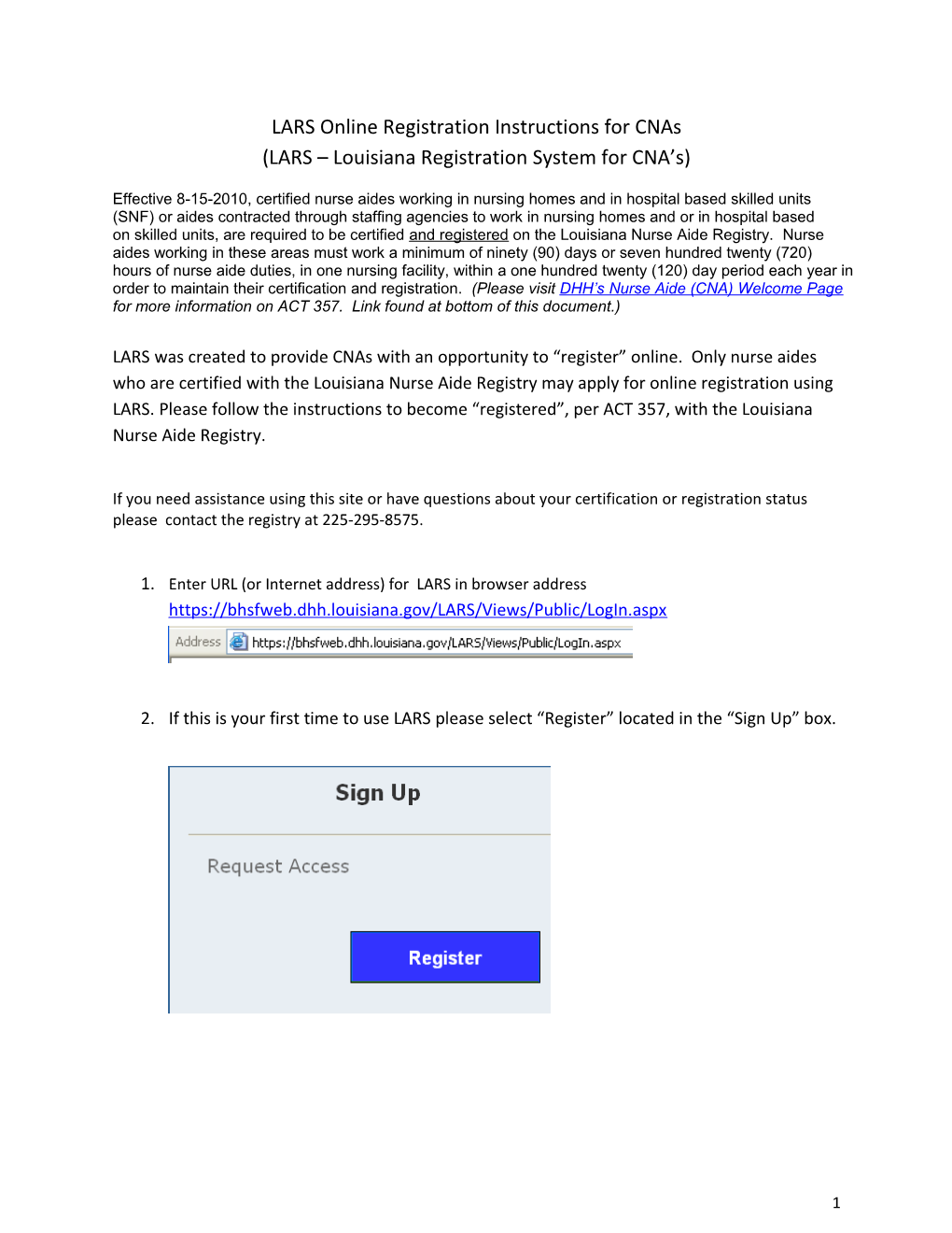 LARS Online Registration Instructions for Cnas (LARS Louisiana Registration System for CNA S)