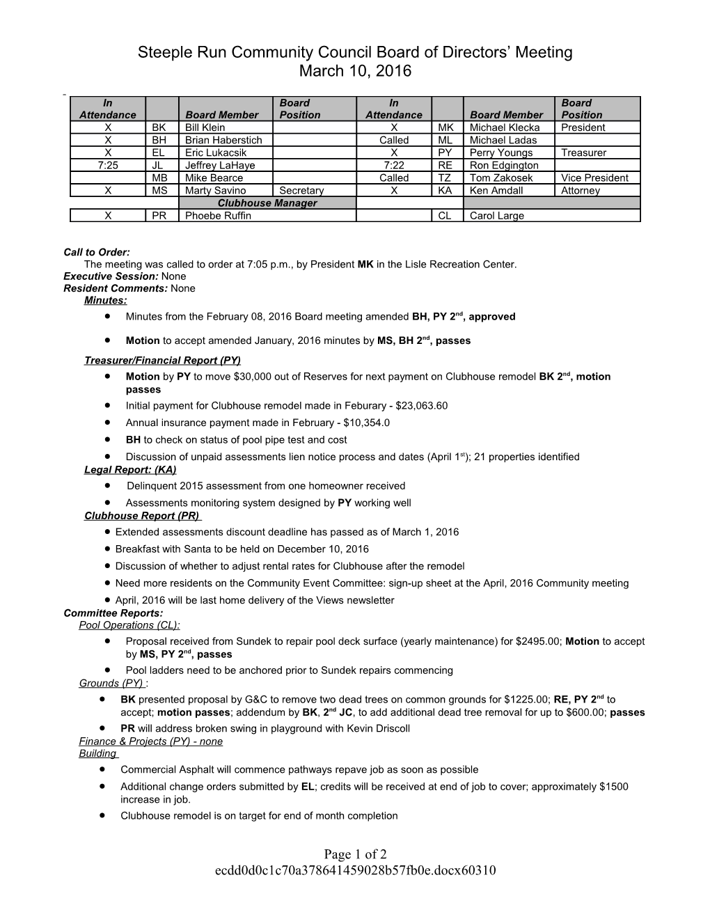 Steeple Run Community Council Board of Directors Meeting