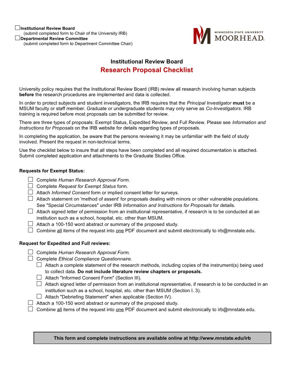 Institutional Review Board Research Proposal Checklist