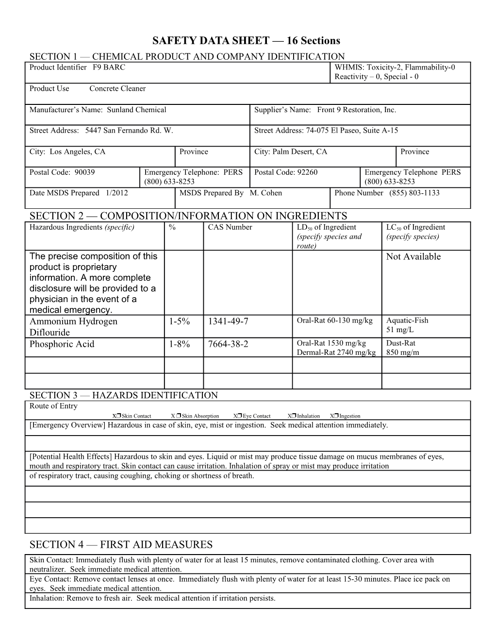 SAFETY DATA SHEET 16 Sections