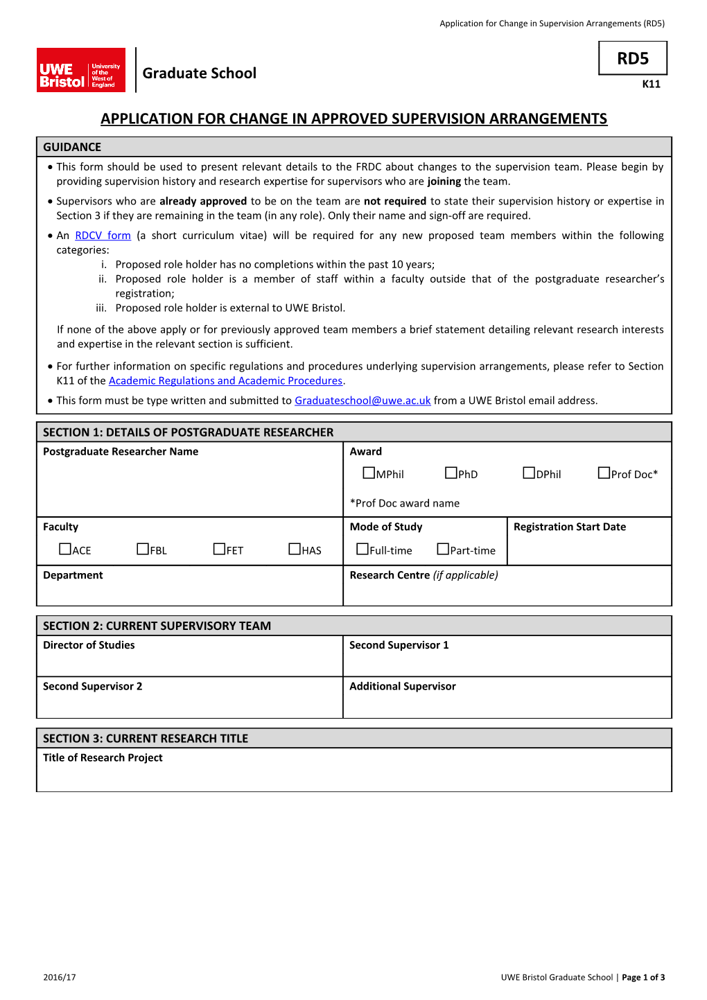 Application for Change in Approved Supervision Arrangements