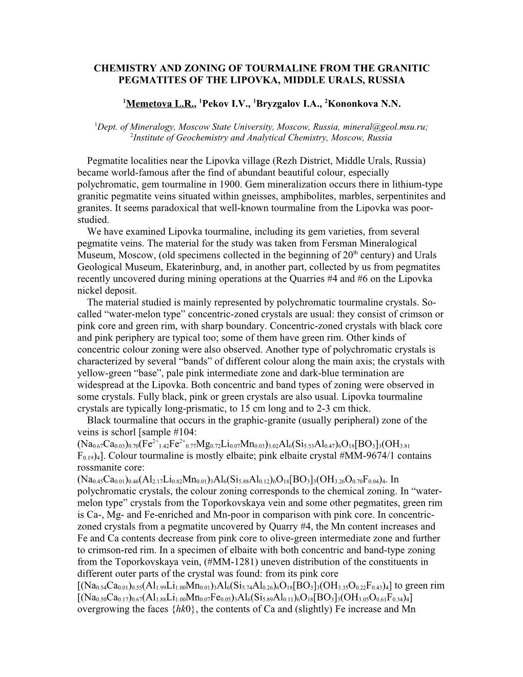 Chemistry and Zoning of Tourmaline from the Granitic Pegmatites of the Lipovka, Middle