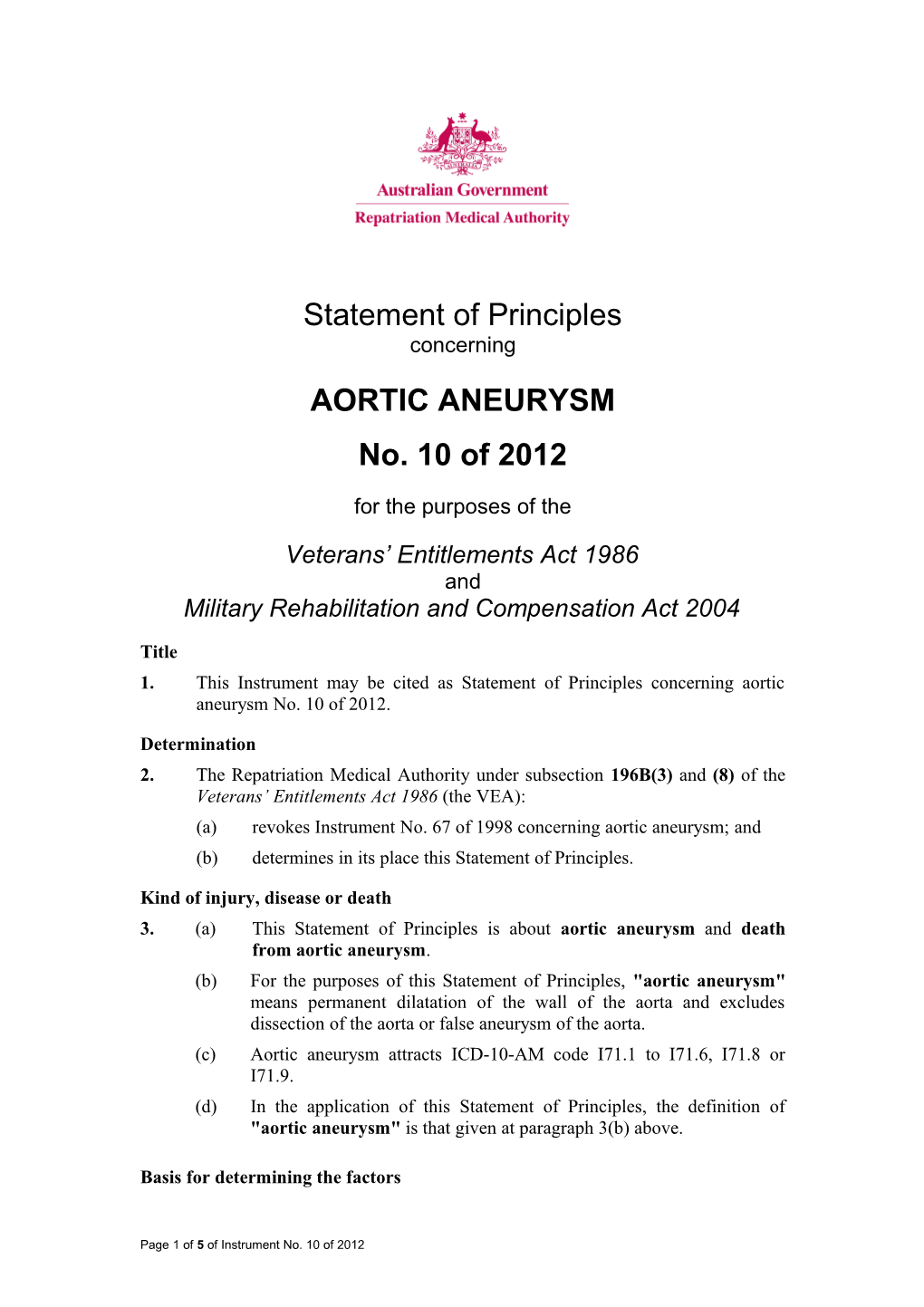 Statement of Principles 10 of 2012 Aortic Aneurysm Balance of Probabilities