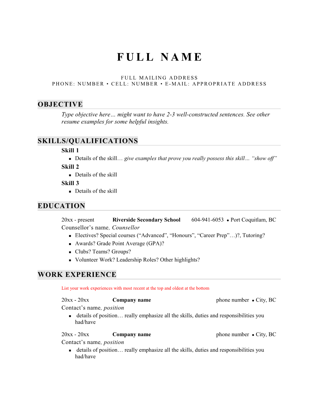 Resume of Your Name Page 1 of 2