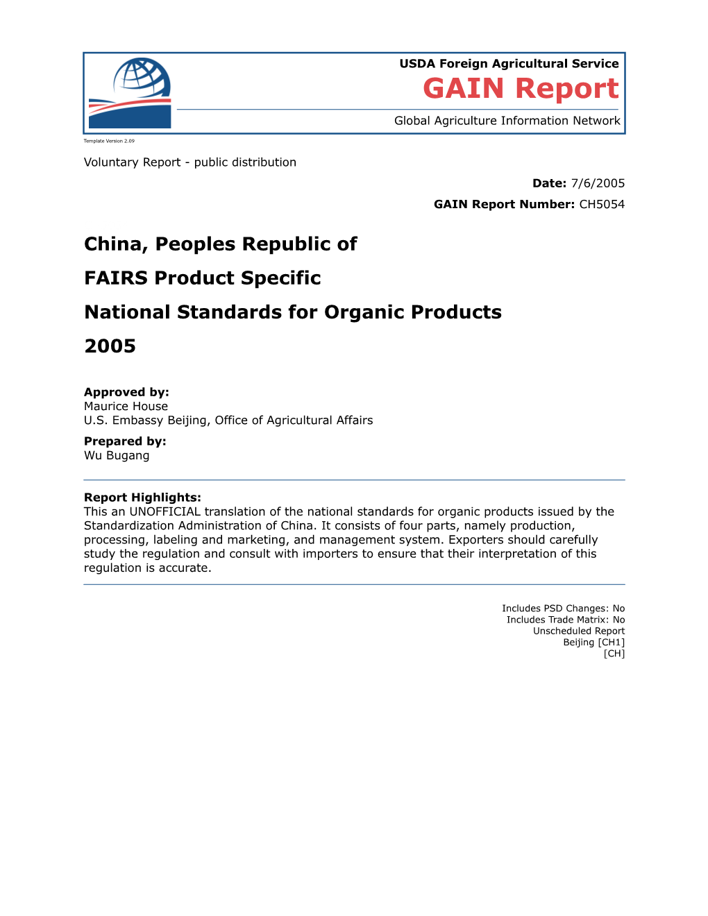 National Standards for Organic Products