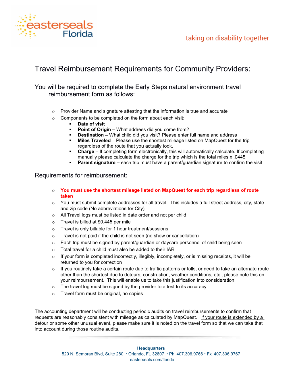Travel Reimbursement Requirements for Community Providers