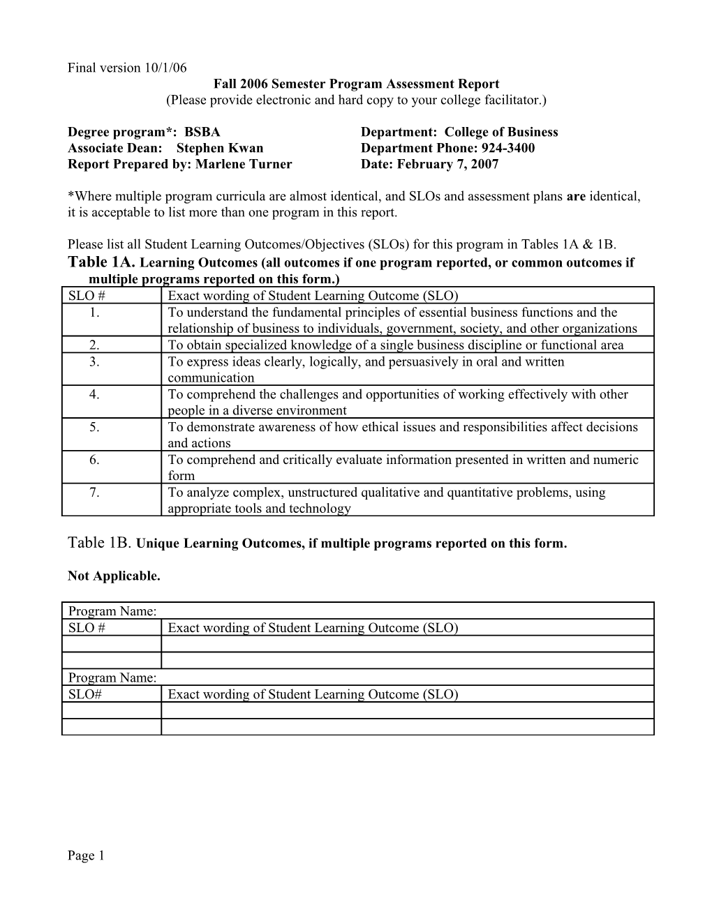 Fall 2006 Semester Program Assessment Report