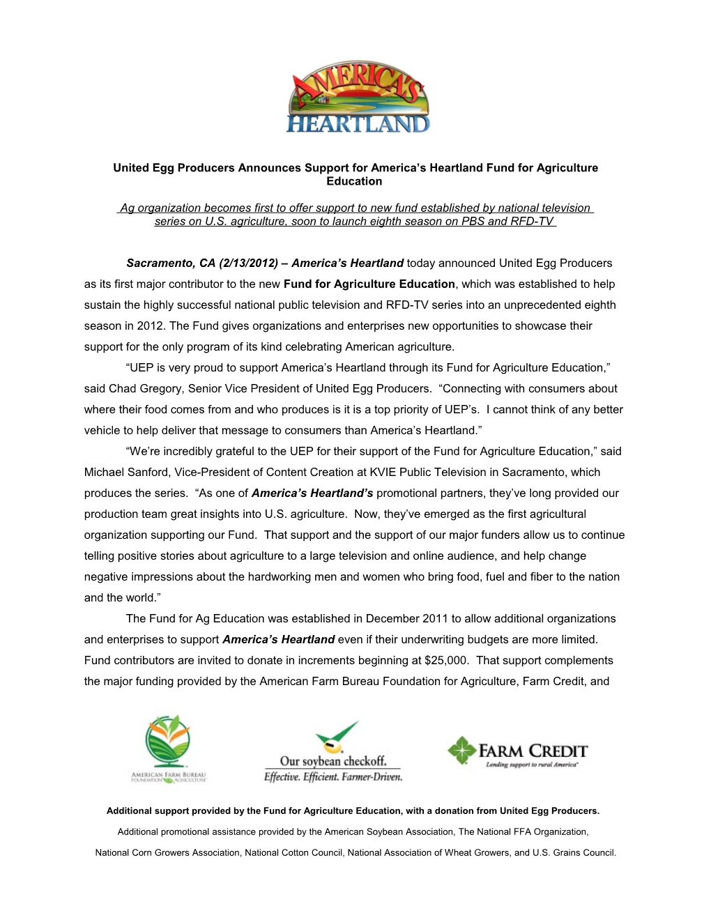 United Egg Producers Announces Support for America S Heartland Fund for Agriculture Education