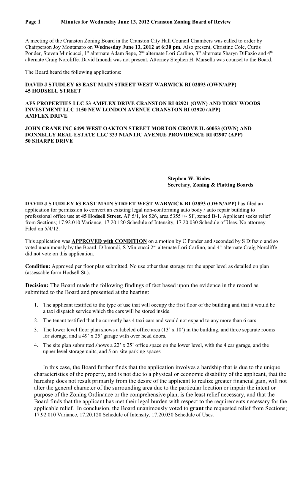 Page 1Minutes for Wednesday June 13, 2012Cranston Zoning Board of Review