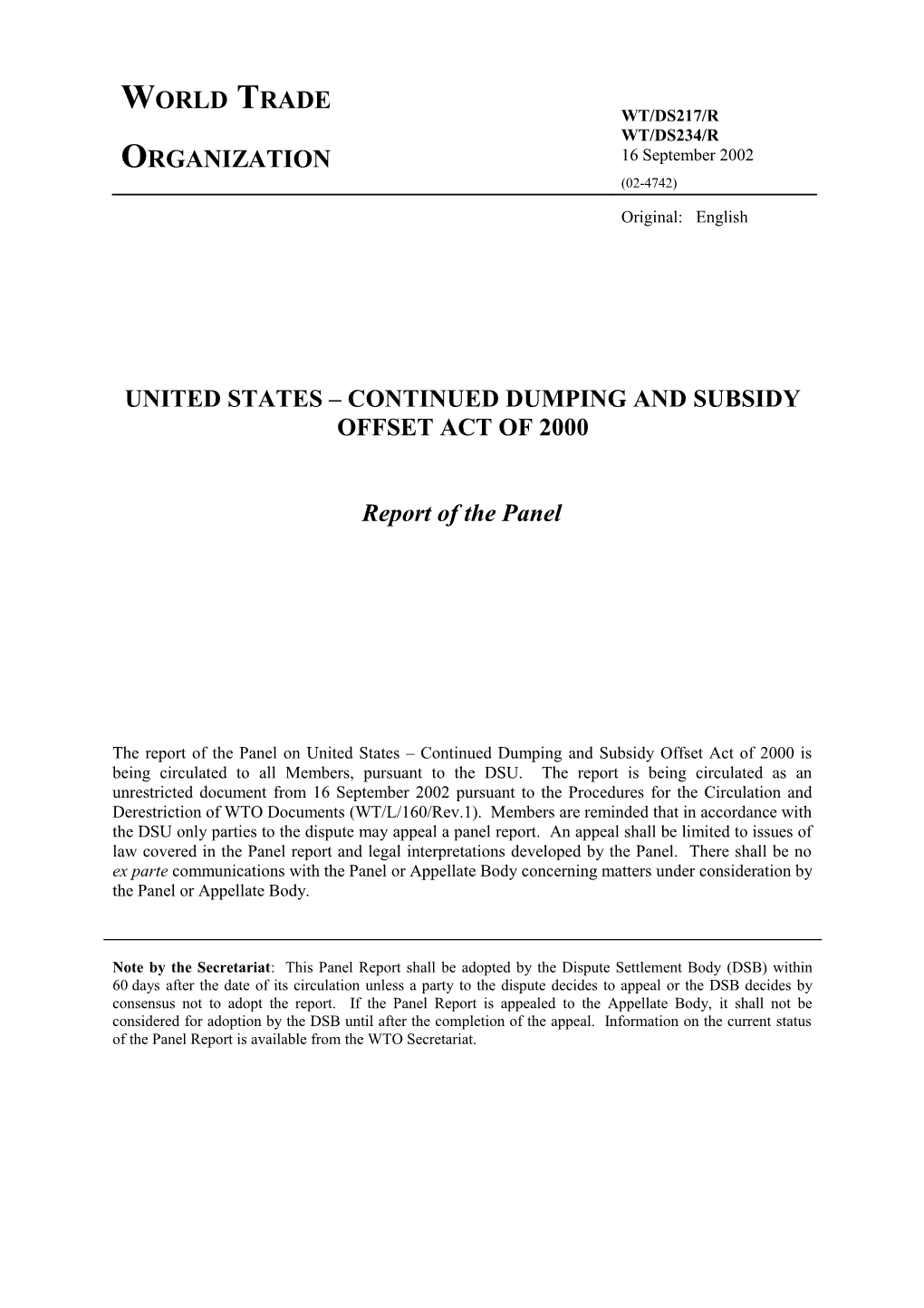 United States Continued Dumping and Subsidy Offset Act of 2000