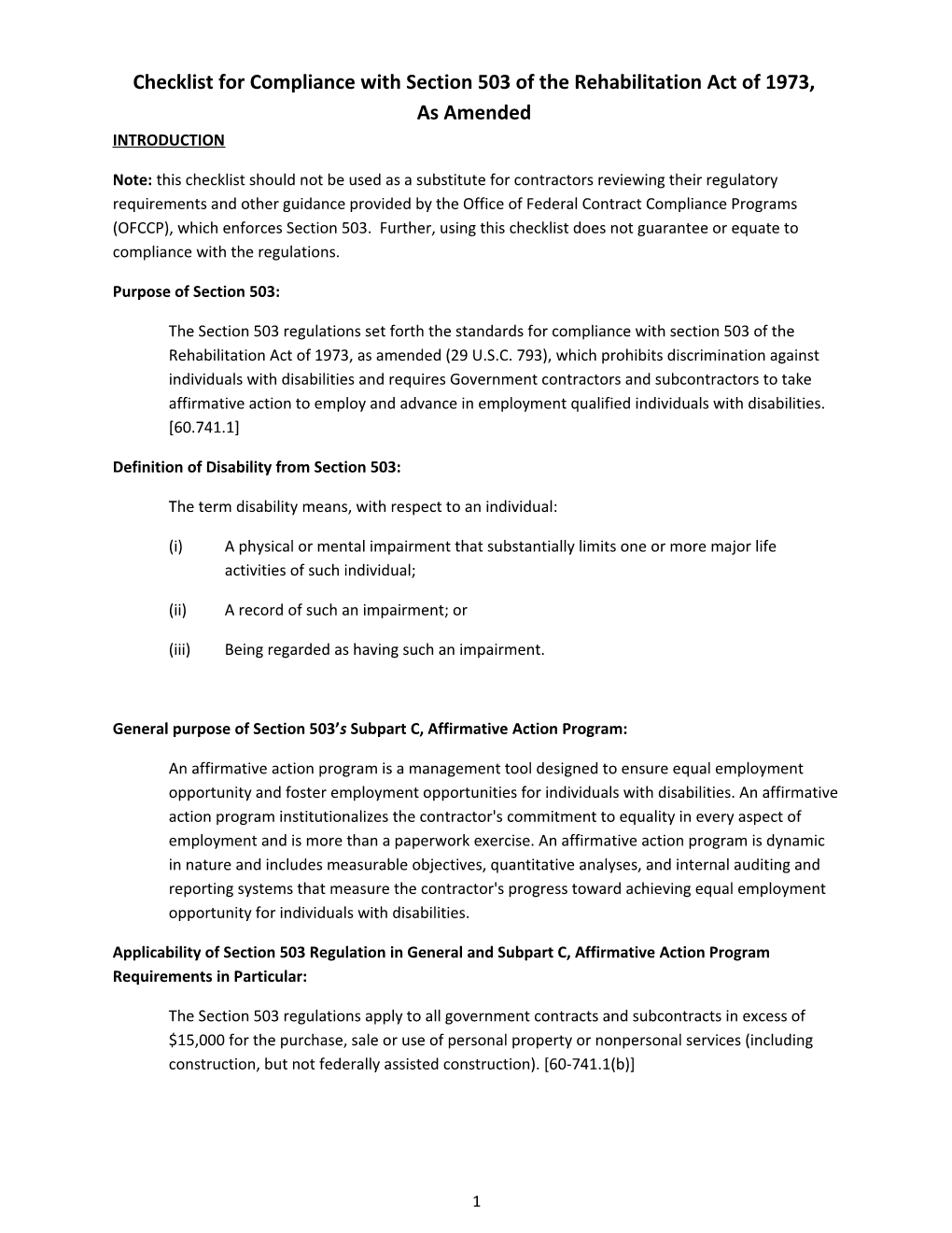 Checklist for Compliance with Section 503 of the Rehabilitation Act of 1973