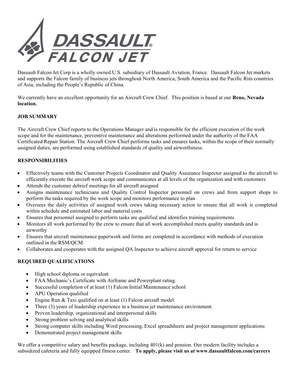 Dassault Falcon Jet Corporation, the Recognized Leader in the Sale and Service of Falcon