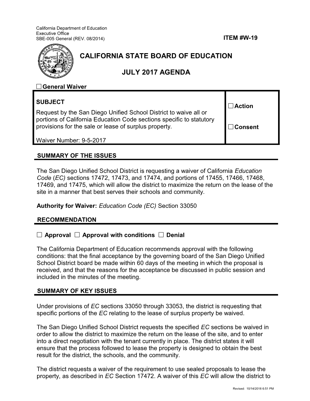 July 2017 Waiver Item W-19 - Meeting Agendas (CA State Board of Education)