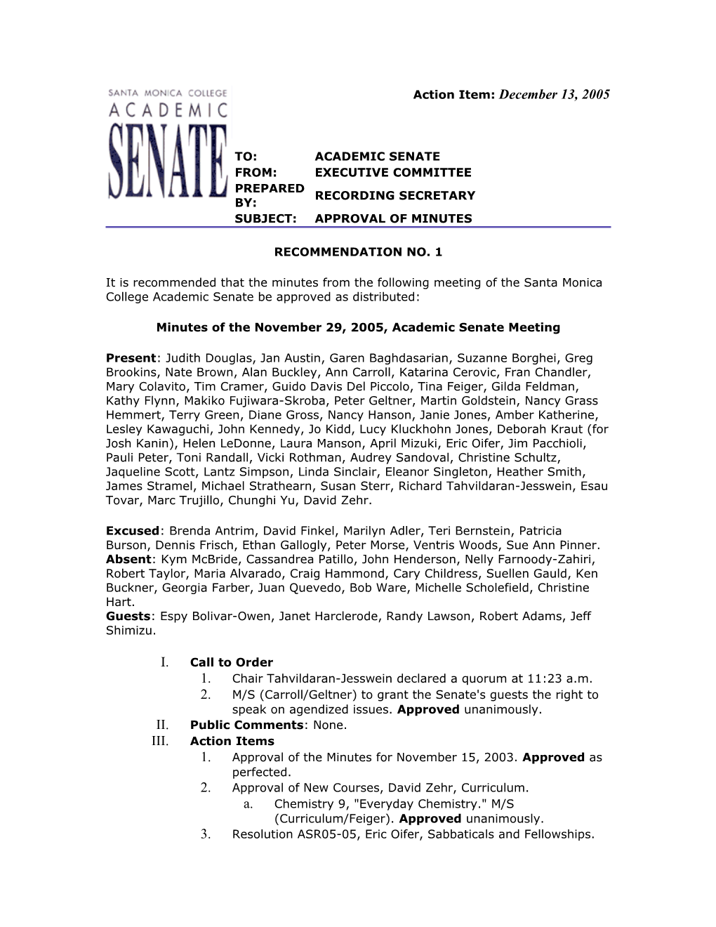 Minutes of the November 29, 2005, Academic Senate Meeting