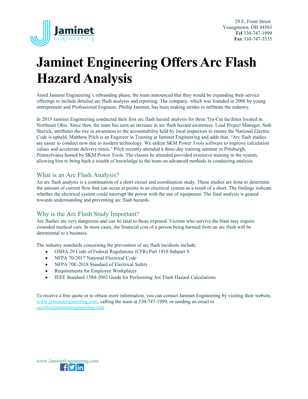 Jaminet Engineering Offers Arc Flash Hazard Analysis