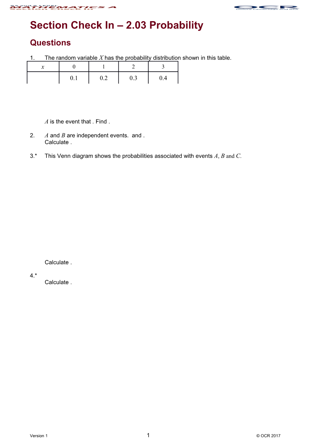 AS and a Level Mathematics a Check in Test - Section Check in 2.03 Probability