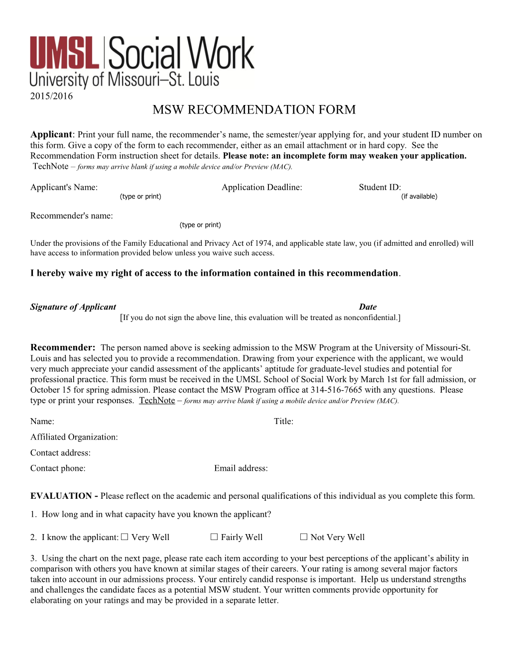 Msw Recommendation Form