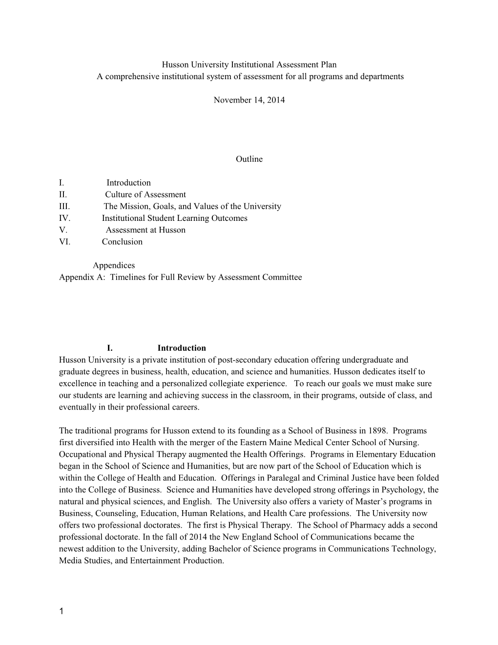 Husson University Assessment Plan Working Draft