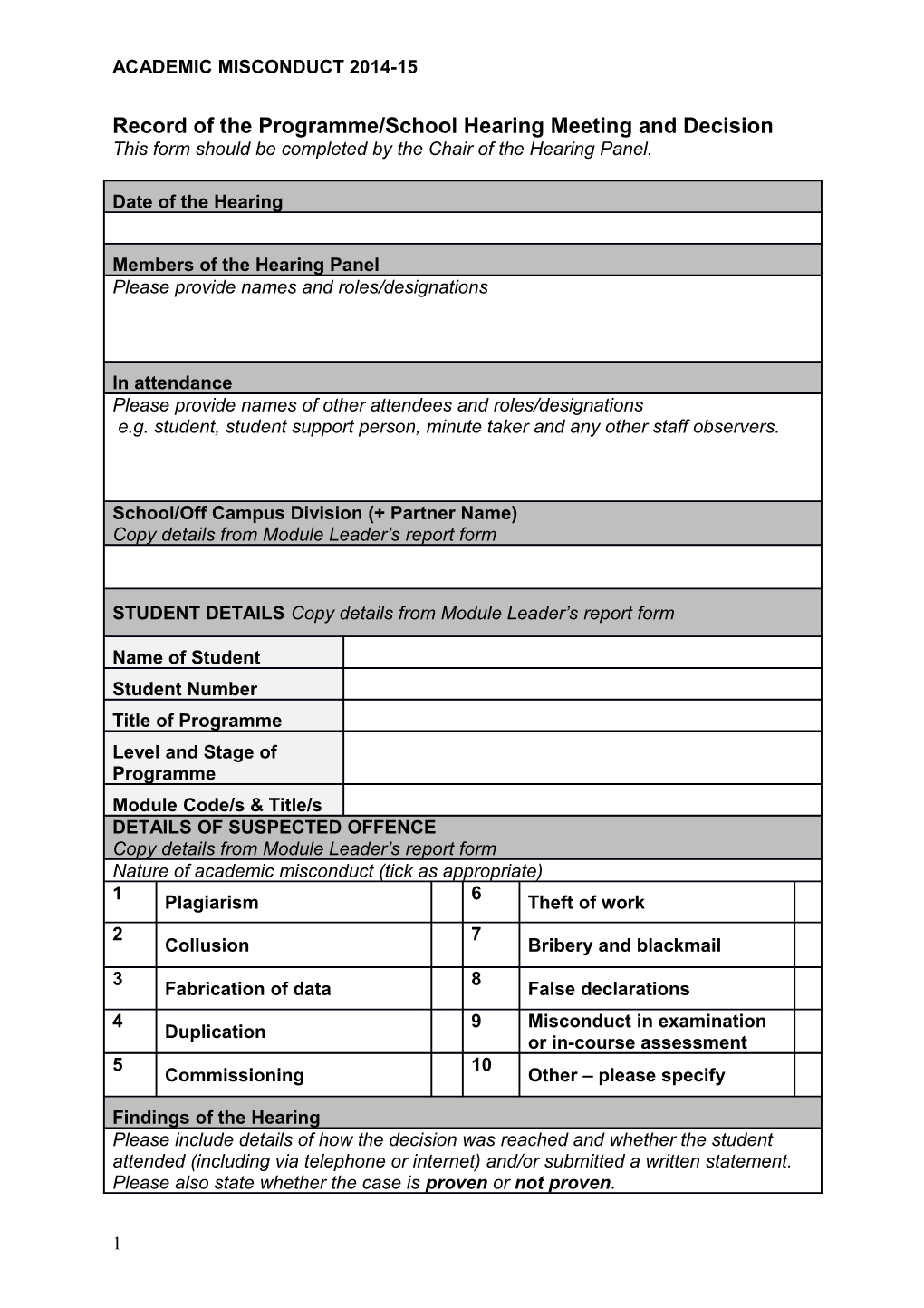 Academic Misconduct Hearing Report Template 2014-15