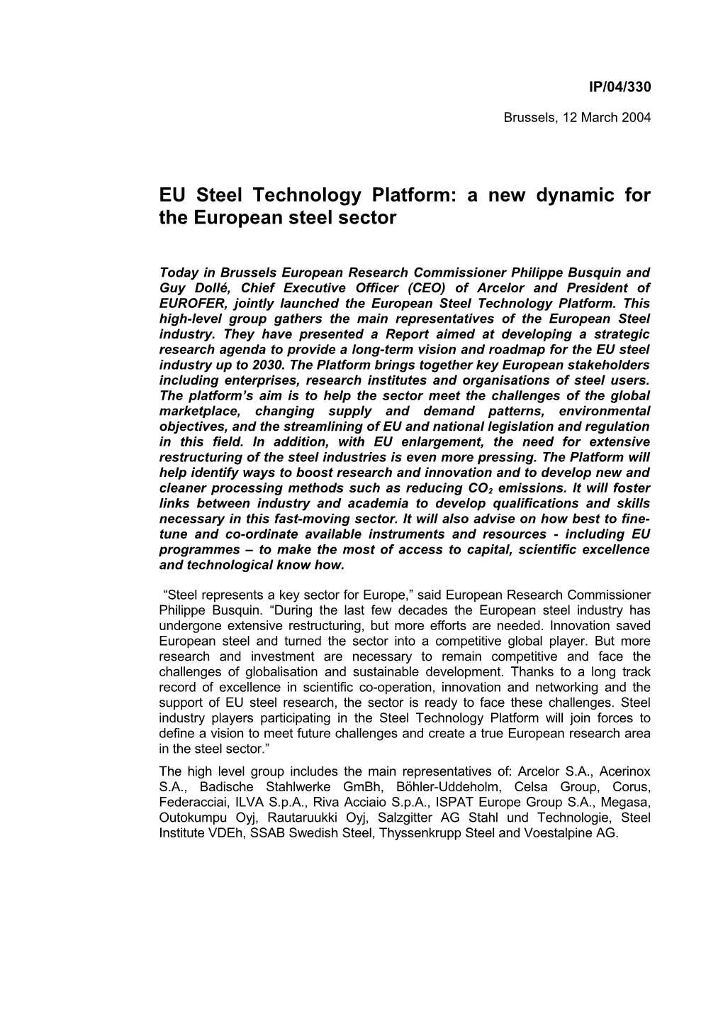 EU Steel Technology Platform: a New Dynamic for the European Steel Sector