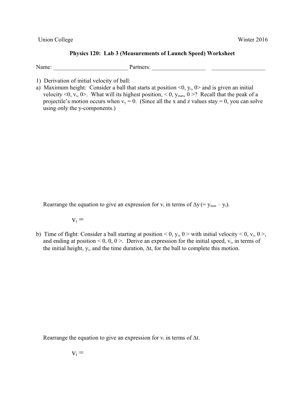 Physics 120: Lab 3 (Measurements of Launch Speed) Worksheet