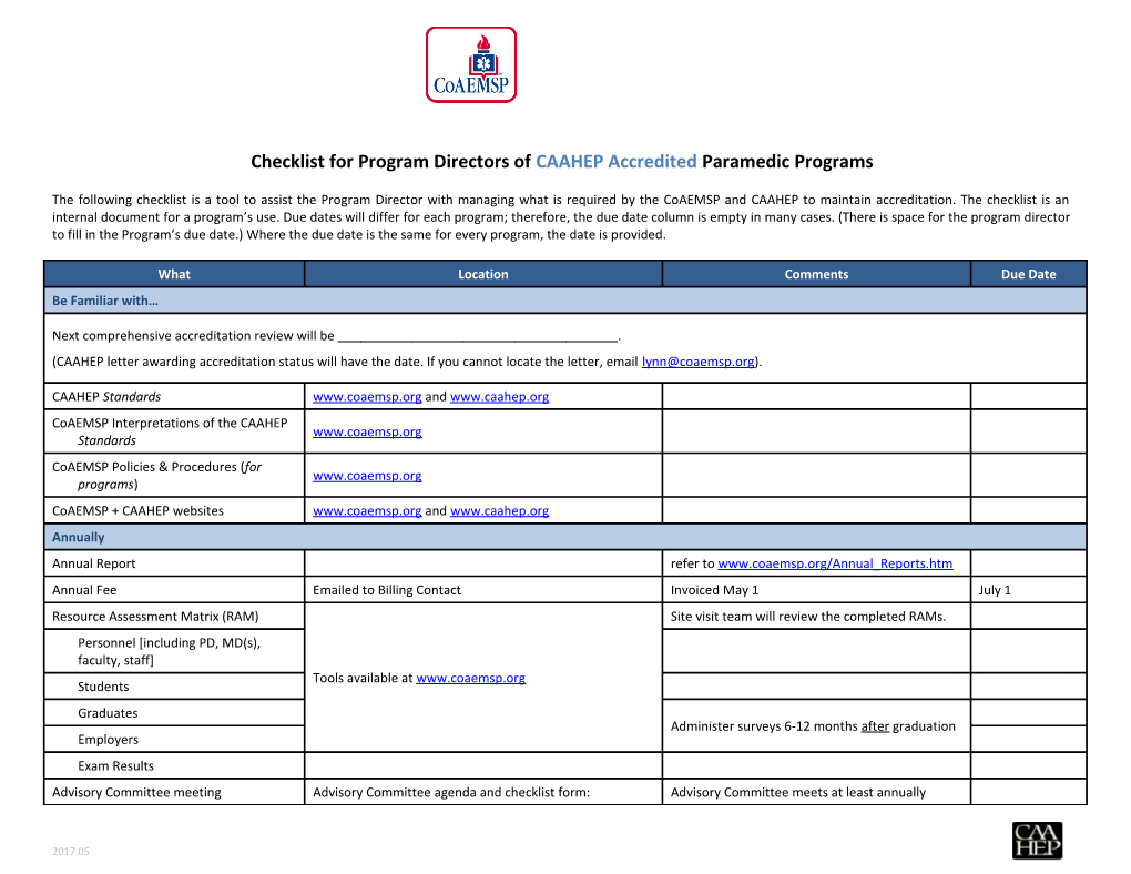 Checklist for Program Directors Ofcaahep Accredited Paramedic Programs