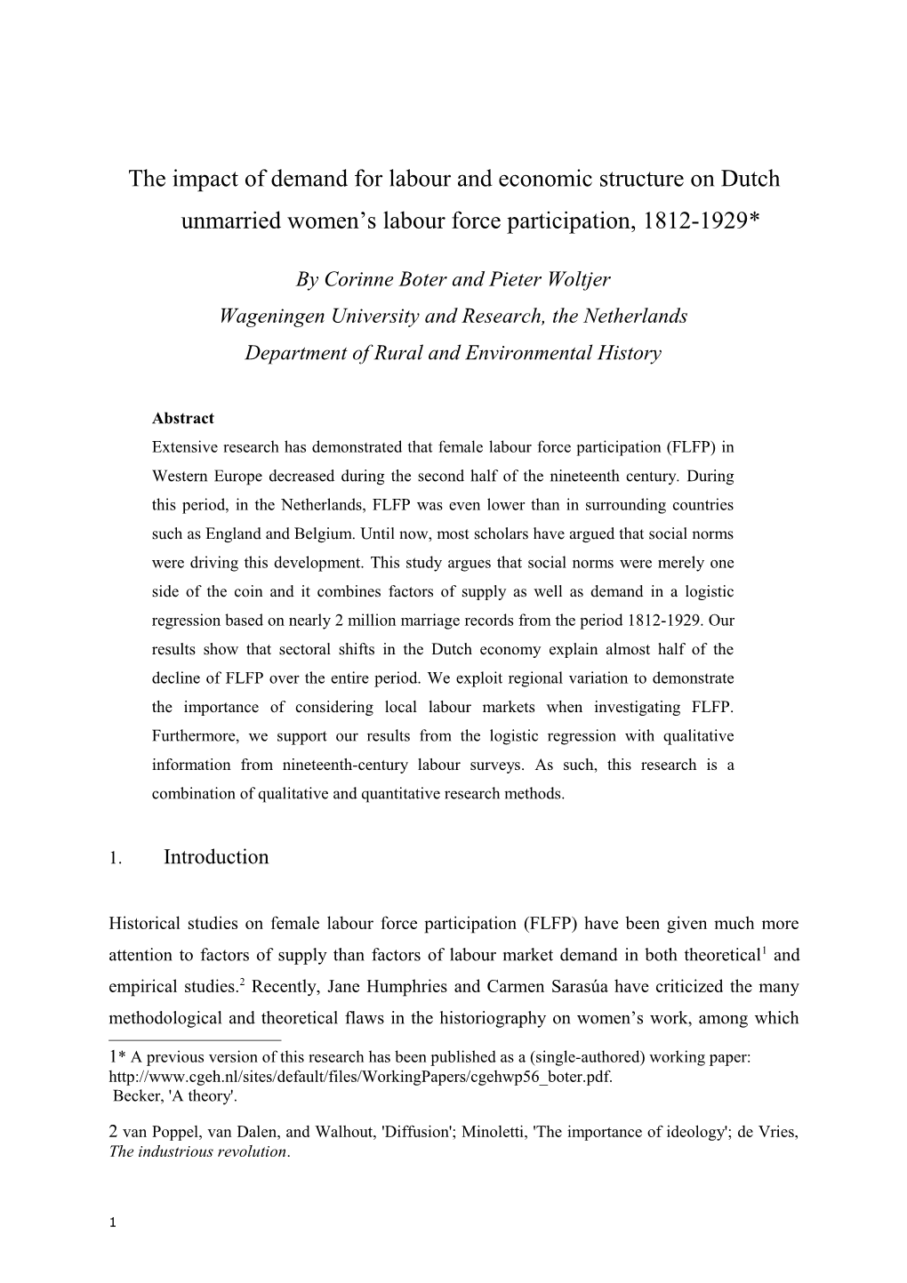 The Impact of Demand for Labour and Economic Structure on Dutch Unmarried Women S Labour