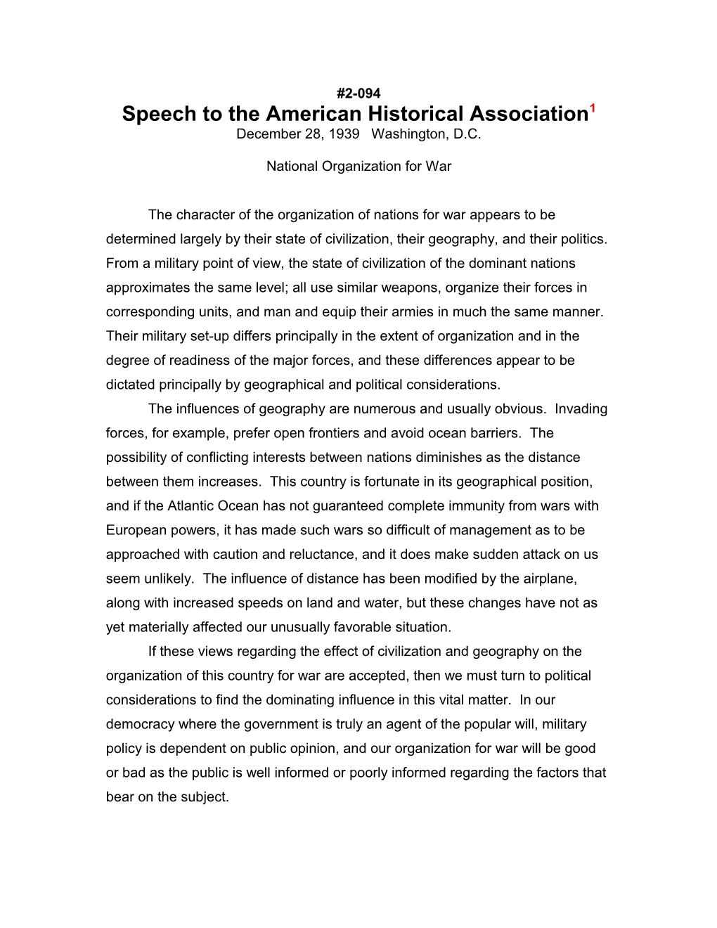 Speech to the American Historical Association1