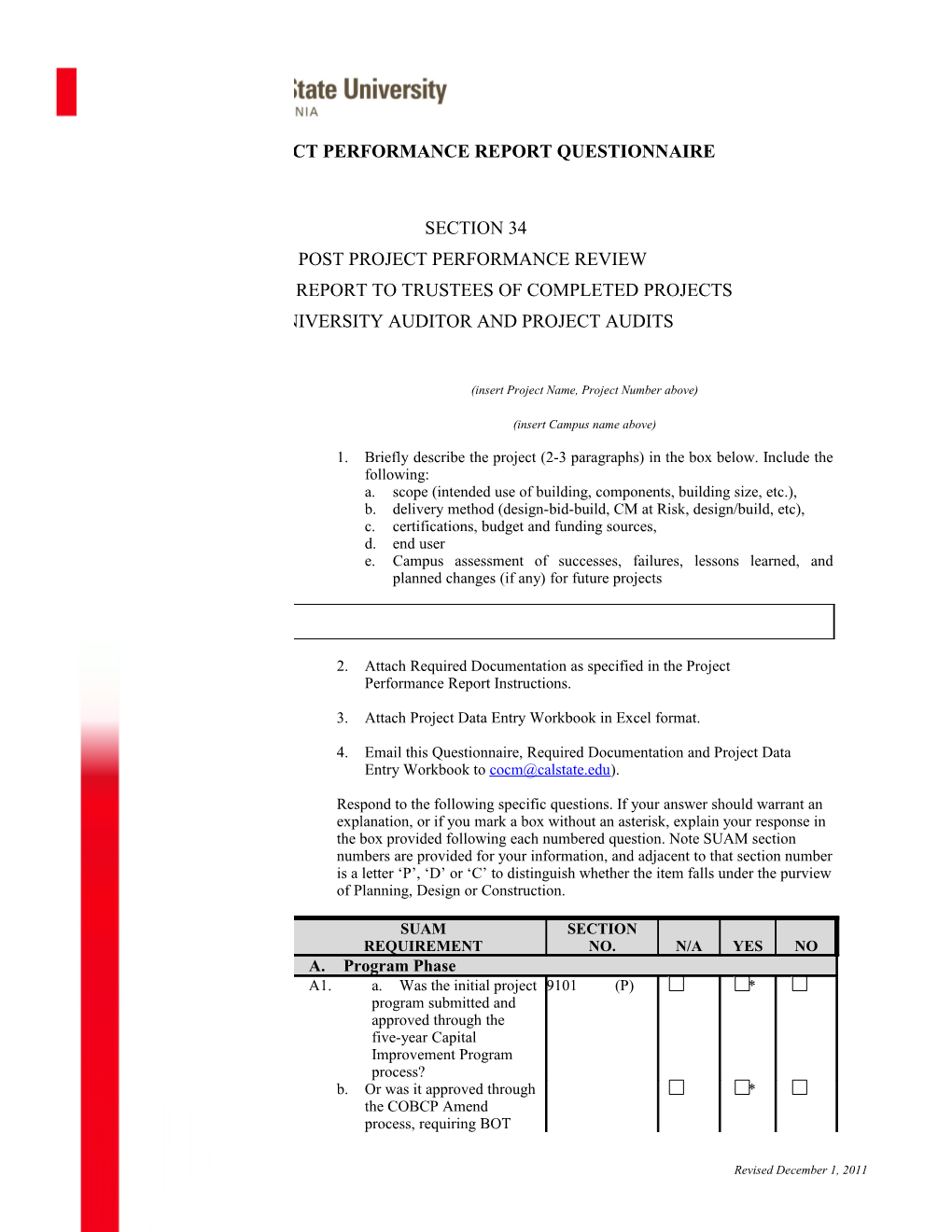 Project Performance Report Questionnaire