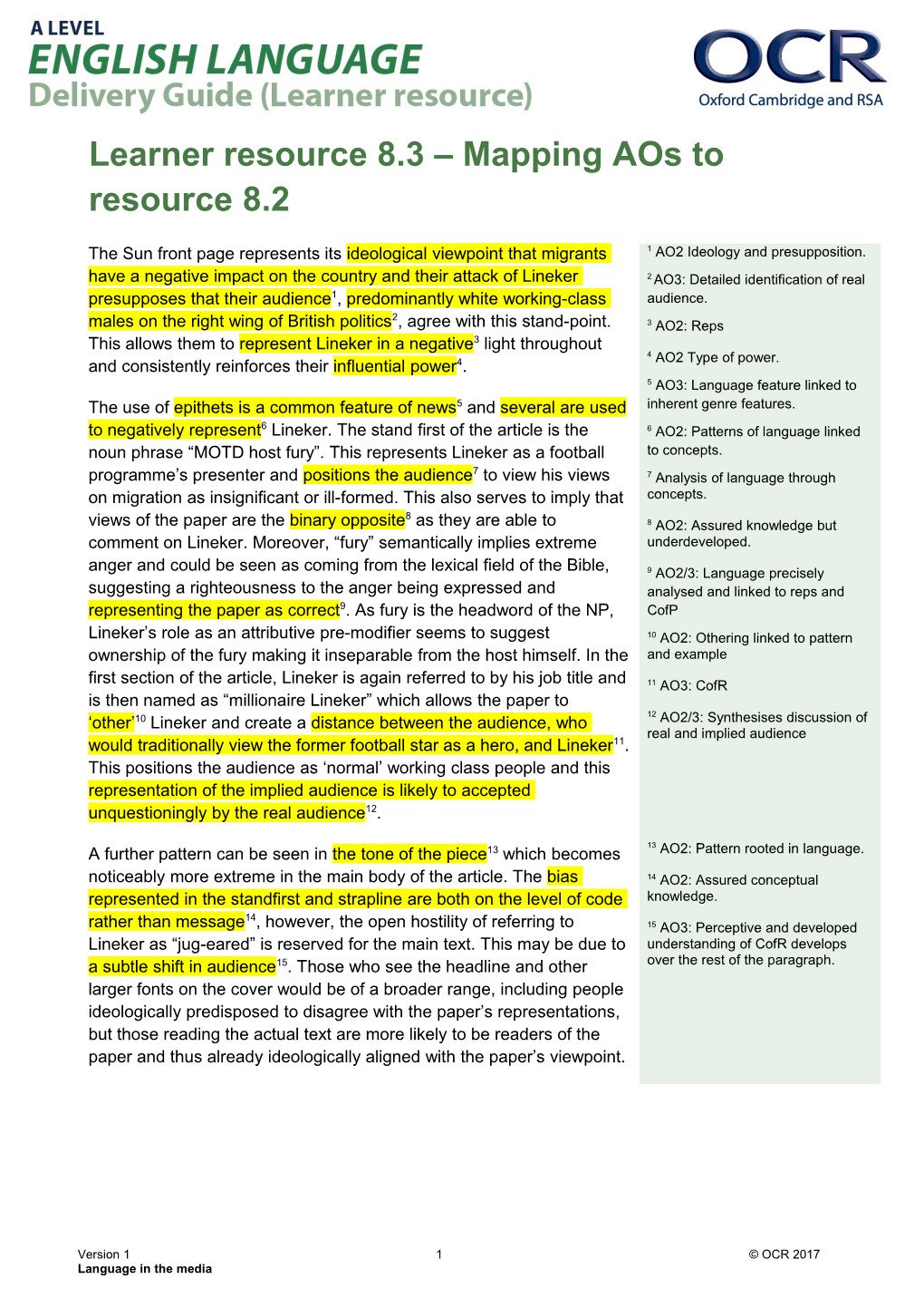 OCR a Level English Language Delivery Guide - Learner Resource 8.3 Use of Epithets