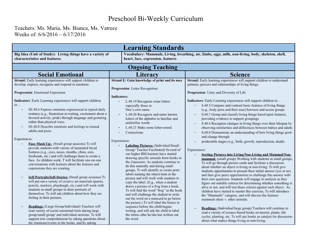 Preschool Bi-Weekly Curriculum