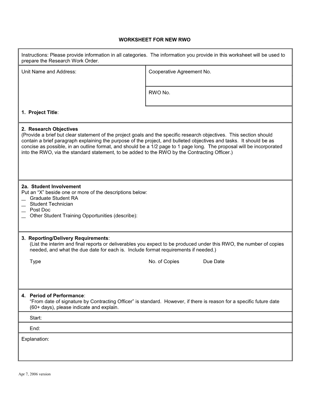 Worksheet for New Rwo