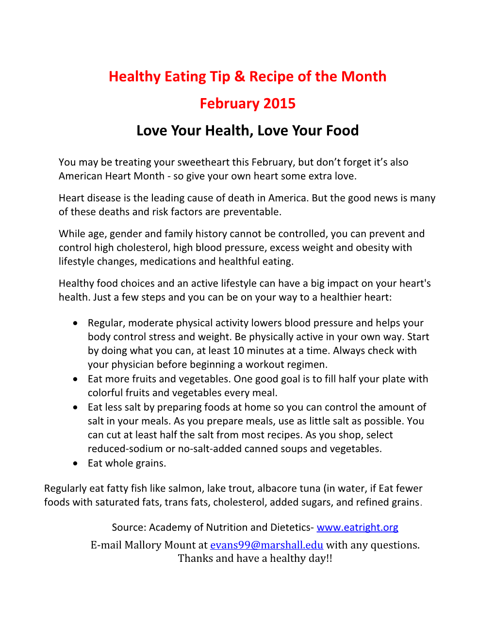 Healthy Eating Tip & Recipe of the Month